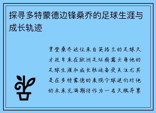 探寻多特蒙德边锋桑乔的足球生涯与成长轨迹 探寻多特蒙德边锋桑乔的足球生涯与成长轨迹