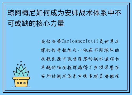 琼阿梅尼如何成为安帅战术体系中不可或缺的核心力量 琼阿梅尼如何成为安帅战术体系中不可或缺的核心力量