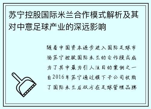 苏宁控股国际米兰合作模式解析及其对中意足球产业的深远影响 苏宁控股国际米兰合作模式解析及其对中意足球产业的深远影响